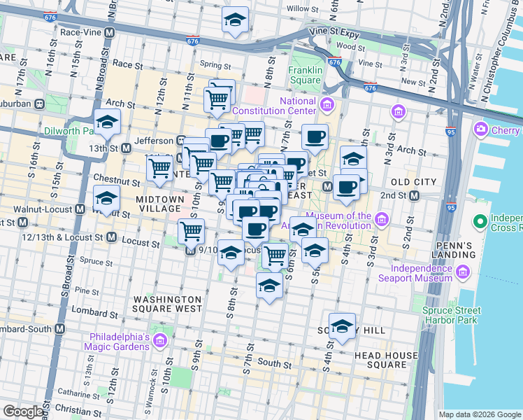 map of restaurants, bars, coffee shops, grocery stores, and more near 729 Sansom Street in Philadelphia