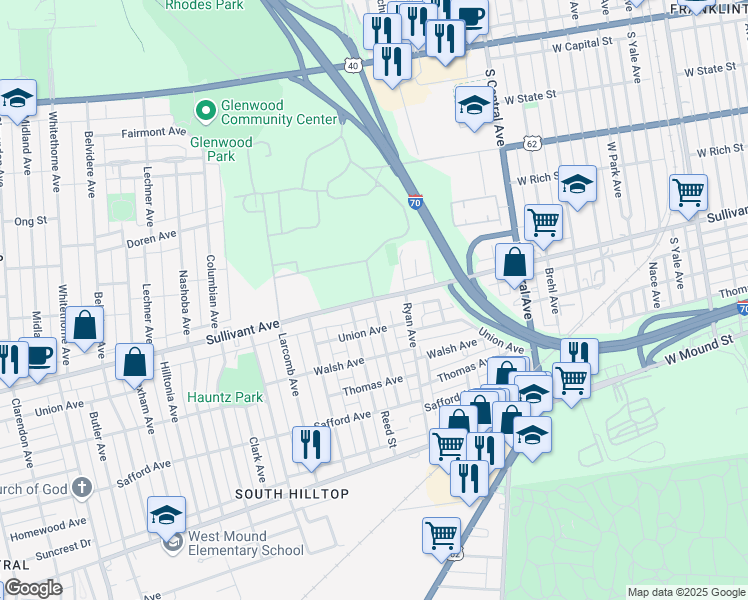 map of restaurants, bars, coffee shops, grocery stores, and more near Sullivant Ave & Catherine St in Columbus