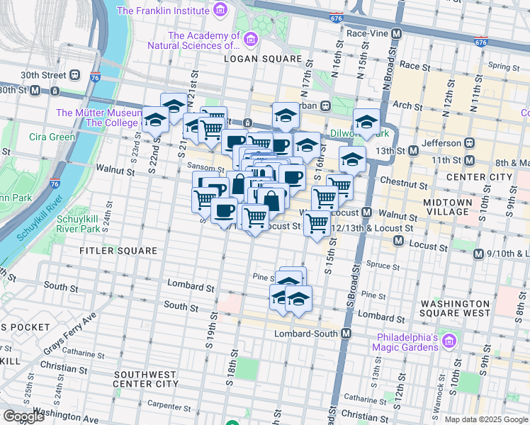 map of restaurants, bars, coffee shops, grocery stores, and more near 219-29 South 18th Street in Philadelphia