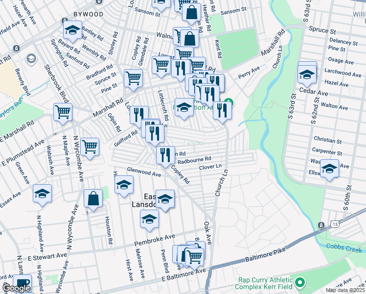 map of restaurants, bars, coffee shops, grocery stores, and more near 7028 Aberdeen Road in Upper Darby