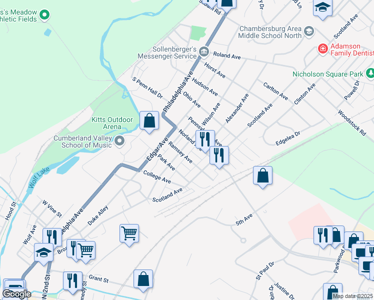 map of restaurants, bars, coffee shops, grocery stores, and more near 1216 Wilson Avenue in Chambersburg