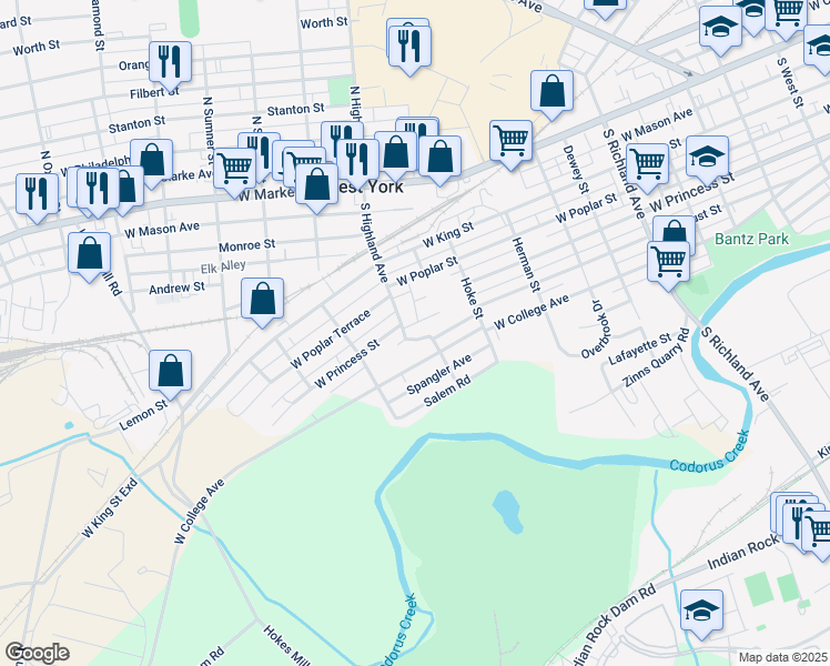 map of restaurants, bars, coffee shops, grocery stores, and more near 1398 West Princess Street in York