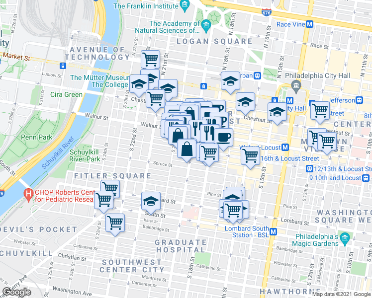 map of restaurants, bars, coffee shops, grocery stores, and more near Locust Street & West Rittenhouse Square in Philadelphia