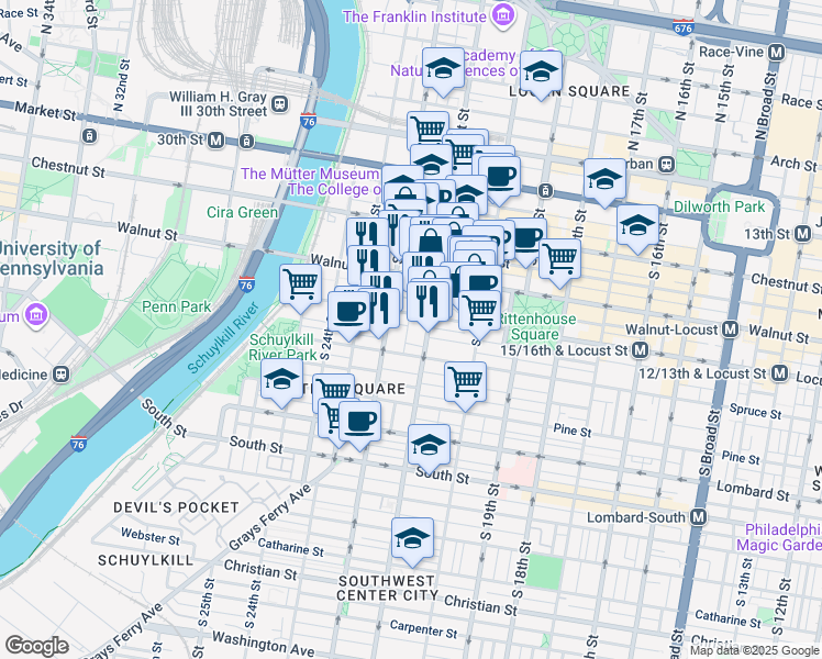 map of restaurants, bars, coffee shops, grocery stores, and more near 257 S Van Pelt St in Philadelphia