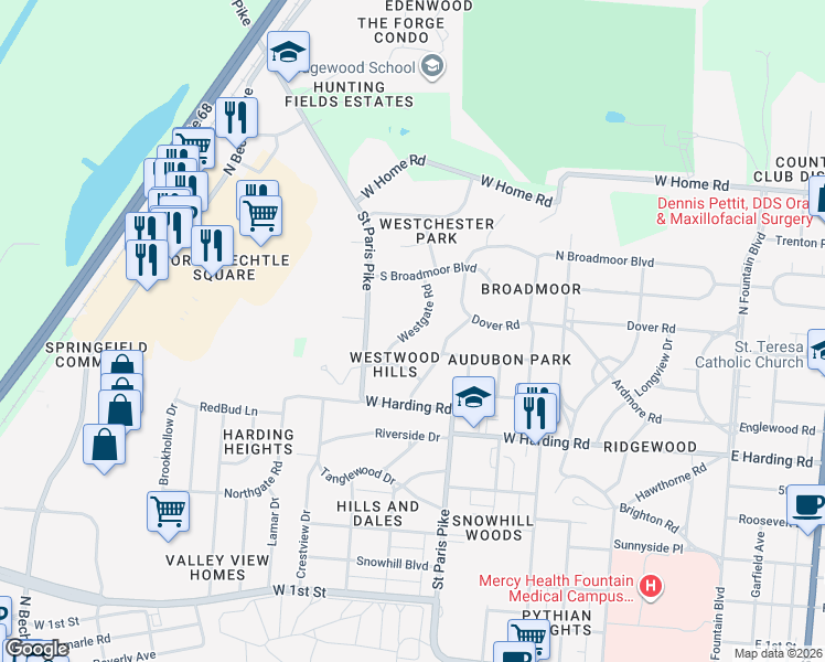 map of restaurants, bars, coffee shops, grocery stores, and more near Westgate Road in Springfield