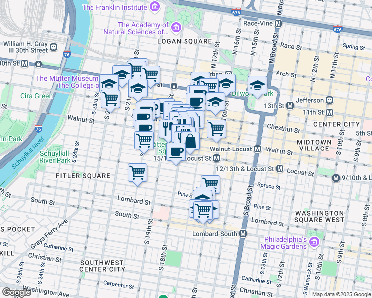 map of restaurants, bars, coffee shops, grocery stores, and more near 229 Chancellor Street in Philadelphia