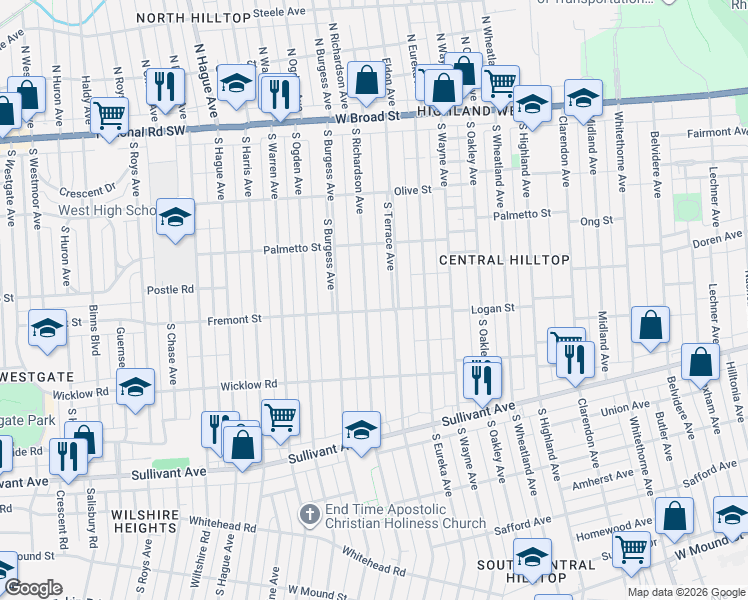 map of restaurants, bars, coffee shops, grocery stores, and more near 275 South Terrace Avenue in Columbus
