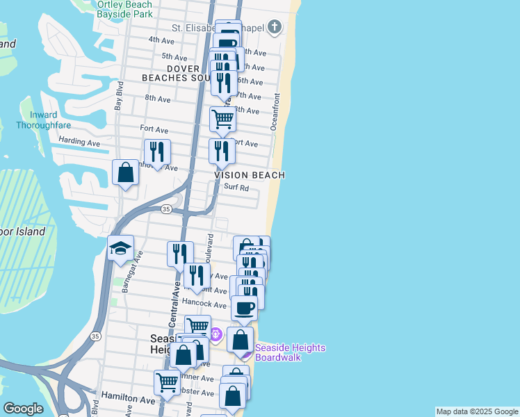 map of restaurants, bars, coffee shops, grocery stores, and more near 4 Colony Road in Seaside Heights