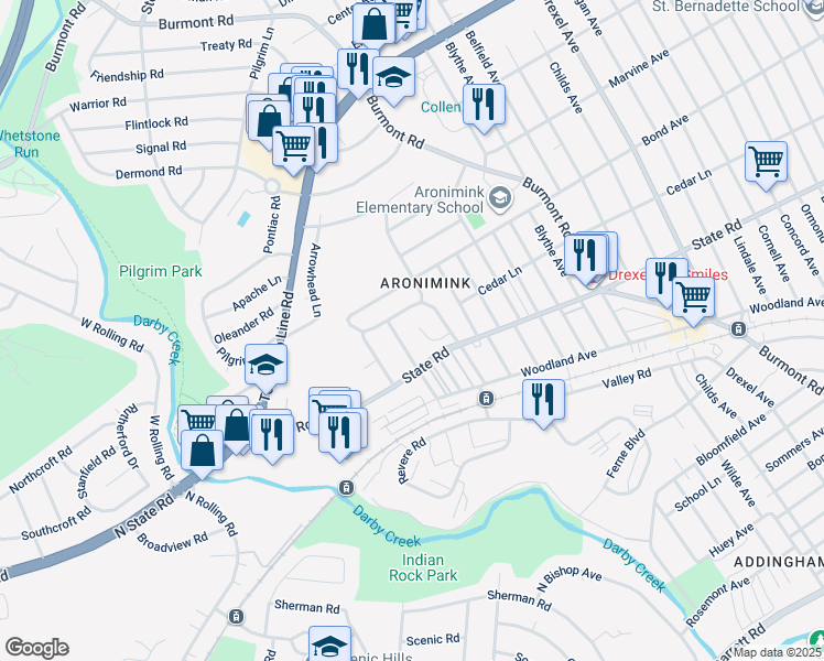 map of restaurants, bars, coffee shops, grocery stores, and more near 824 Cedar Avenue in Upper Darby
