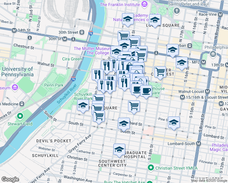 map of restaurants, bars, coffee shops, grocery stores, and more near 251 South 22nd Street in Philadelphia
