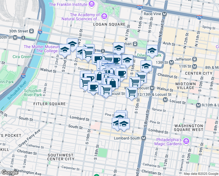 map of restaurants, bars, coffee shops, grocery stores, and more near 219-29 South 18th Street in Philadelphia