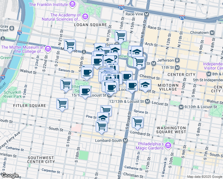 map of restaurants, bars, coffee shops, grocery stores, and more near 209 South 16th Street in Philadelphia