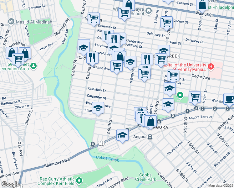 map of restaurants, bars, coffee shops, grocery stores, and more near 755 South 60th Street in Philadelphia