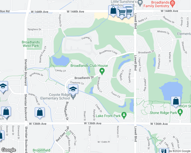 map of restaurants, bars, coffee shops, grocery stores, and more near 13891 Broadlands Lane in Broomfield