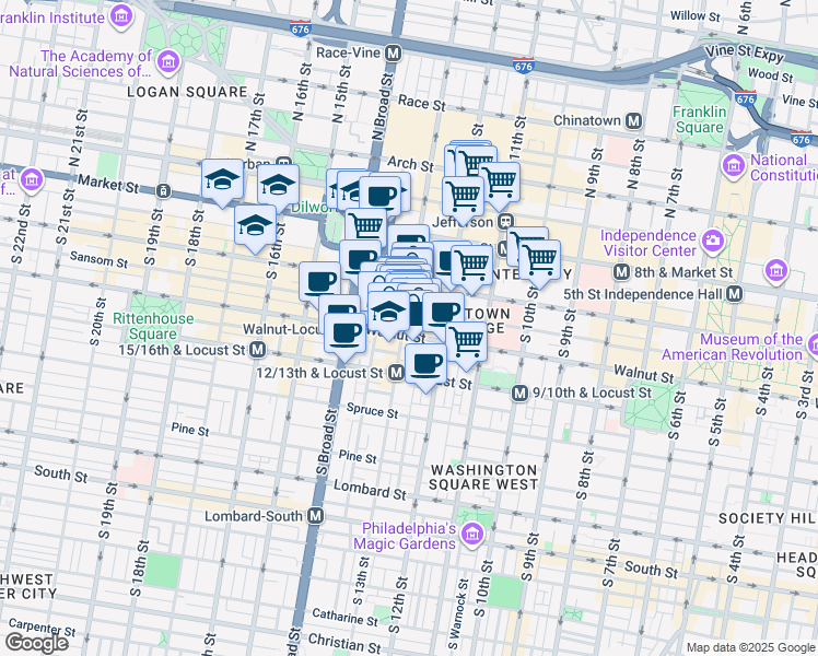 map of restaurants, bars, coffee shops, grocery stores, and more near 145 South 13th Street in Philadelphia