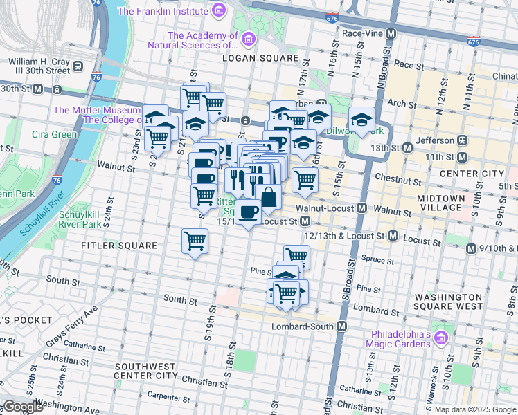 map of restaurants, bars, coffee shops, grocery stores, and more near 229 Chancellor Street in Philadelphia