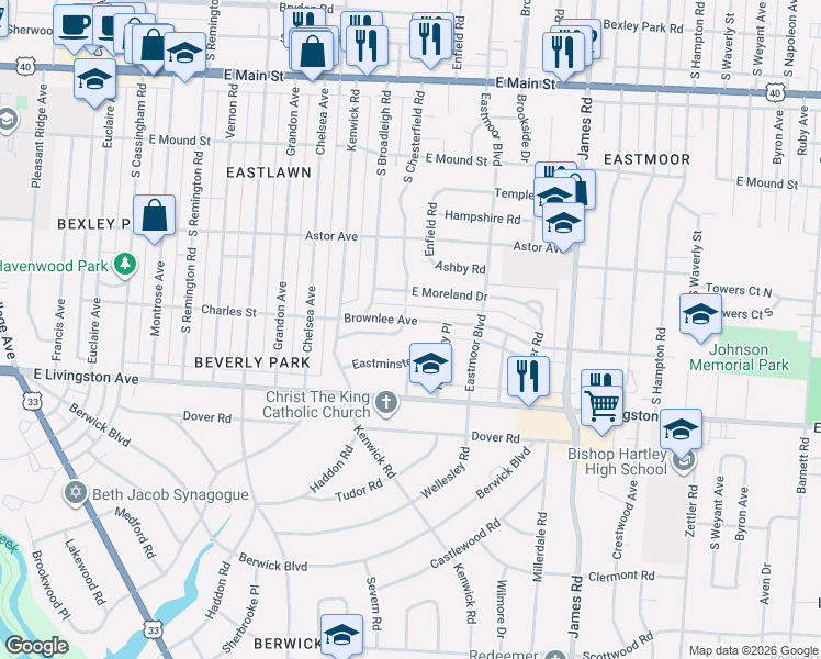 map of restaurants, bars, coffee shops, grocery stores, and more near 2825 Brownlee Avenue in Columbus