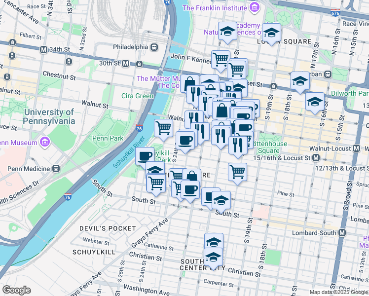 map of restaurants, bars, coffee shops, grocery stores, and more near in Philadelphia