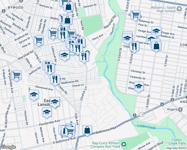 map of restaurants, bars, coffee shops, grocery stores, and more near 638 Briarcliff Road in Upper Darby