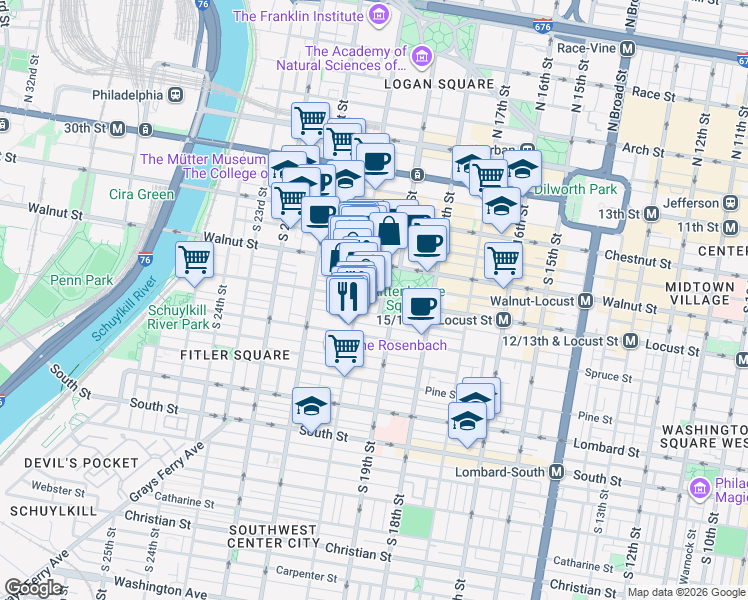 map of restaurants, bars, coffee shops, grocery stores, and more near in Philadelphia