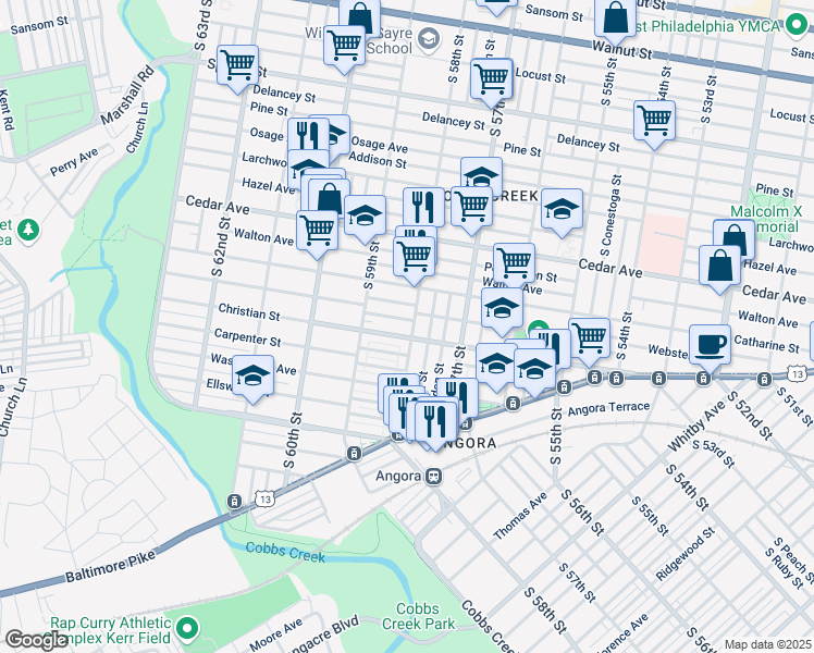 map of restaurants, bars, coffee shops, grocery stores, and more near 740 South 58th Street in Philadelphia