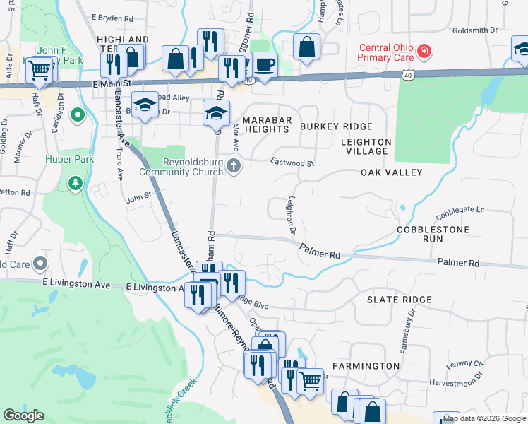 map of restaurants, bars, coffee shops, grocery stores, and more near 7684 Godfrey Circle in Reynoldsburg