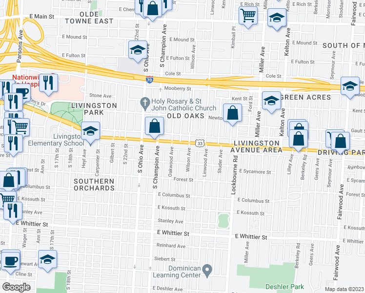 map of restaurants, bars, coffee shops, grocery stores, and more near 1121 East Livingston Avenue in Columbus