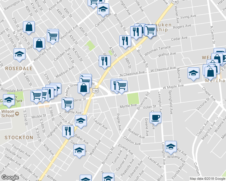 map of restaurants, bars, coffee shops, grocery stores, and more near 4305 Maple Avenue in Merchantville