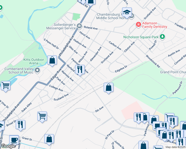 map of restaurants, bars, coffee shops, grocery stores, and more near 1400 Scotland Avenue in Chambersburg