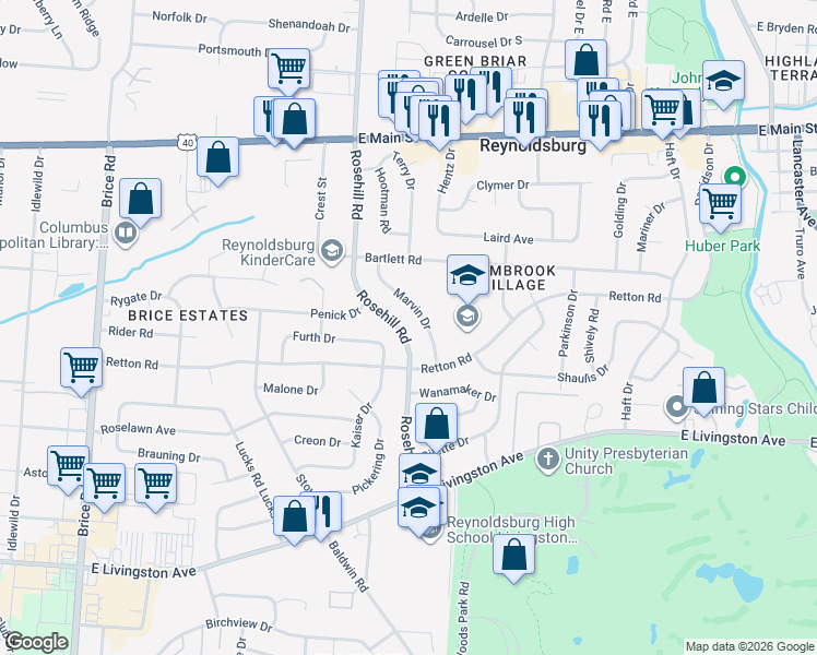 map of restaurants, bars, coffee shops, grocery stores, and more near 1581 Marvin Drive in Reynoldsburg