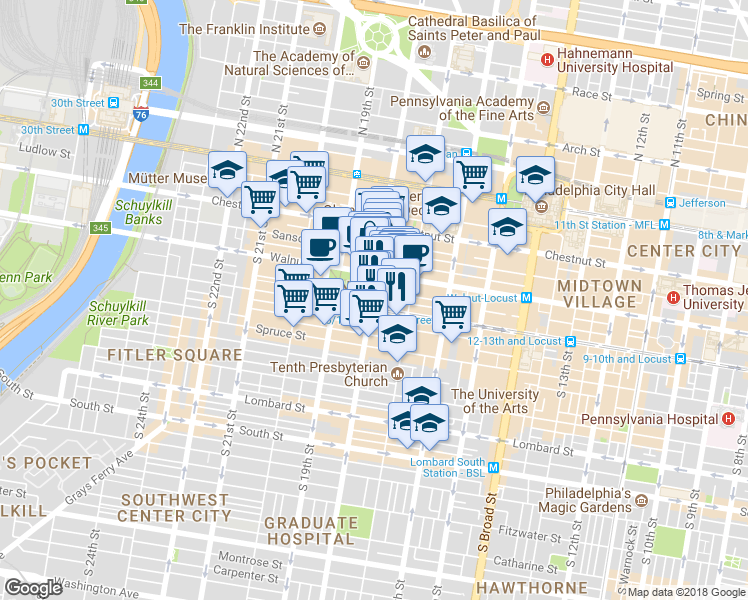 map of restaurants, bars, coffee shops, grocery stores, and more near 225 South 18th Street in Philadelphia