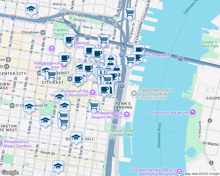 map of restaurants, bars, coffee shops, grocery stores, and more near 4 South Front Street in Philadelphia