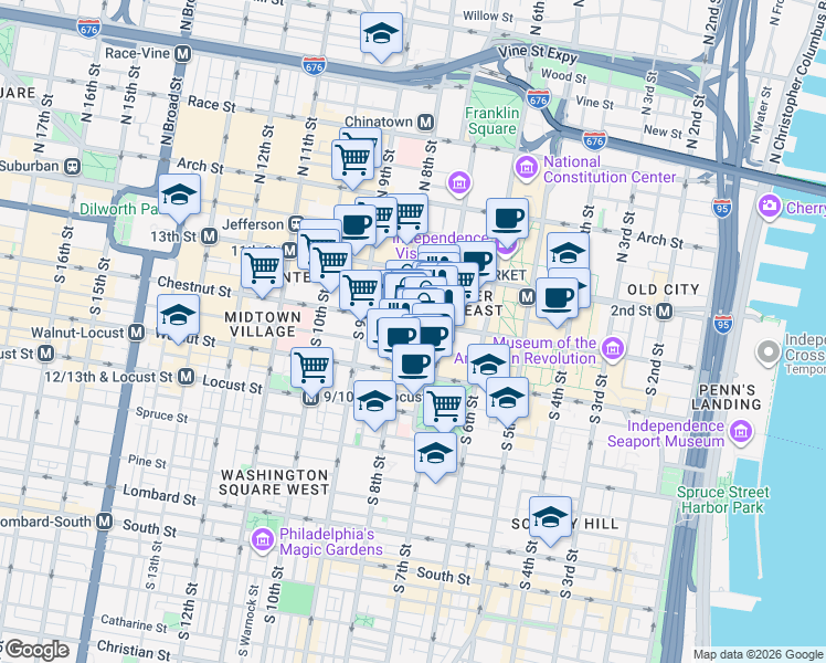 map of restaurants, bars, coffee shops, grocery stores, and more near 729 Sansom Street in Philadelphia