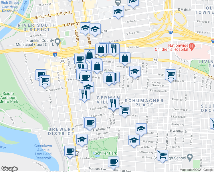 map of restaurants, bars, coffee shops, grocery stores, and more near 220 East Sycamore Street in Columbus