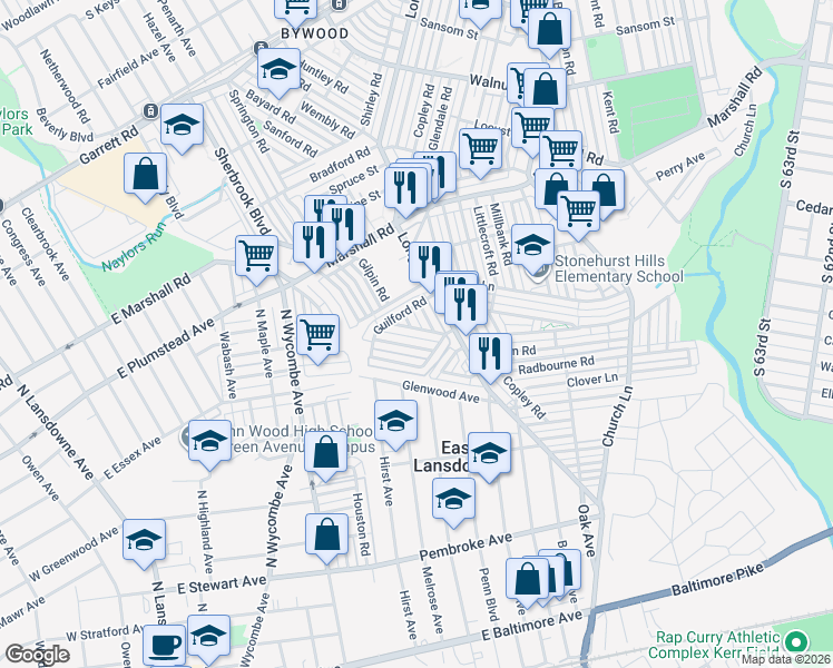 map of restaurants, bars, coffee shops, grocery stores, and more near 430 Croyden Road in Delaware County