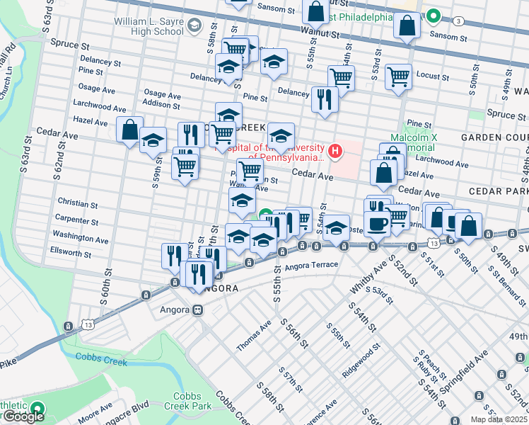 map of restaurants, bars, coffee shops, grocery stores, and more near 5541 Webster Street in Philadelphia