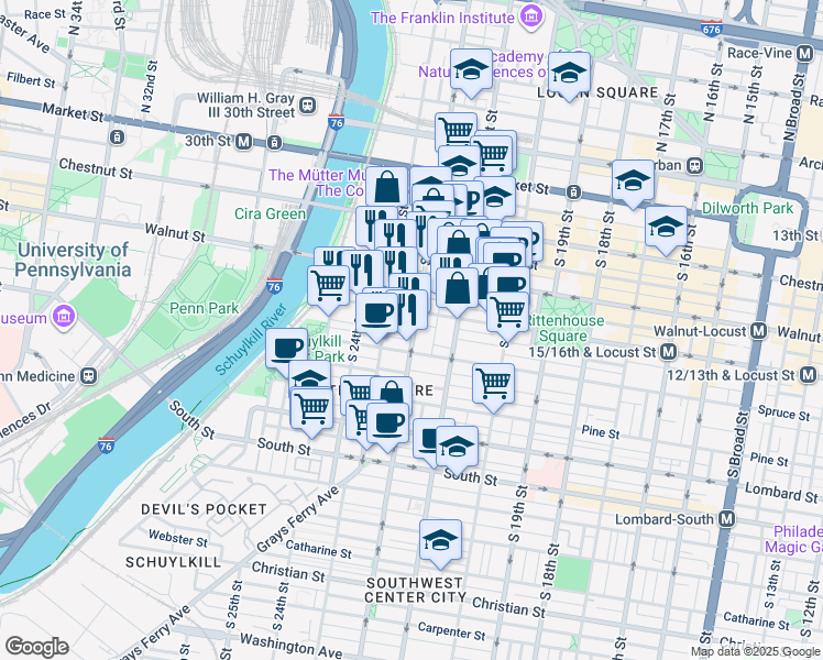 map of restaurants, bars, coffee shops, grocery stores, and more near 240 S 22nd St in Philadelphia
