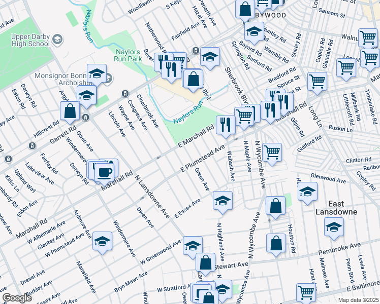 map of restaurants, bars, coffee shops, grocery stores, and more near 295 Green Avenue in Lansdowne