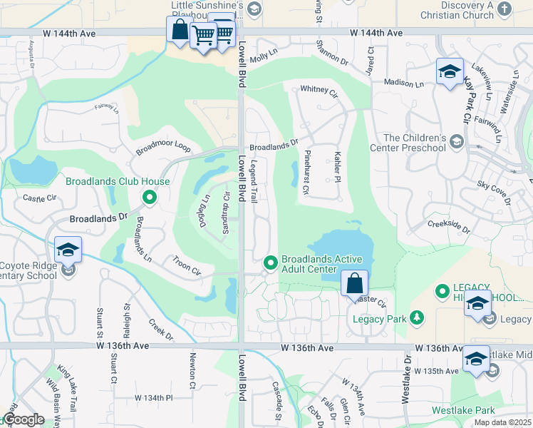 map of restaurants, bars, coffee shops, grocery stores, and more near 13803 Legend Way in Broomfield