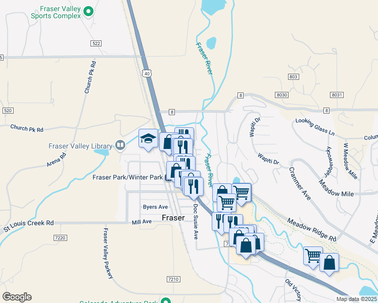 map of restaurants, bars, coffee shops, grocery stores, and more near 360 Park Avenue in Granby