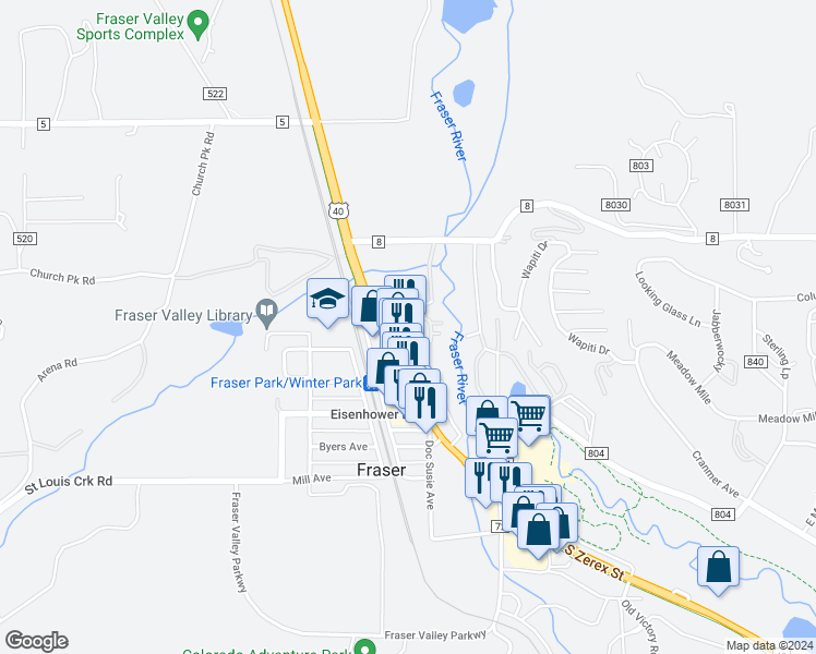 map of restaurants, bars, coffee shops, grocery stores, and more near 360 Park Avenue in Granby