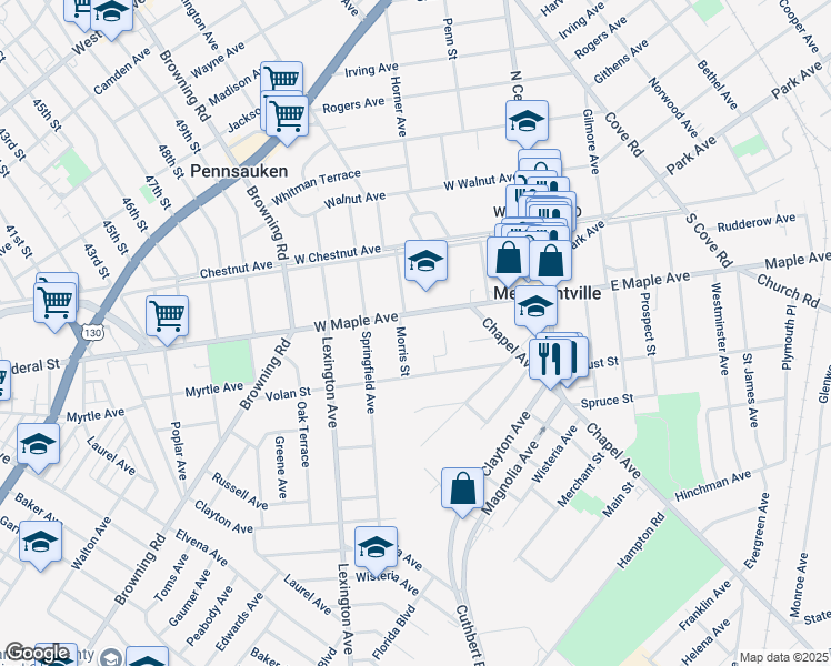 map of restaurants, bars, coffee shops, grocery stores, and more near 56 West Maple Avenue in Merchantville