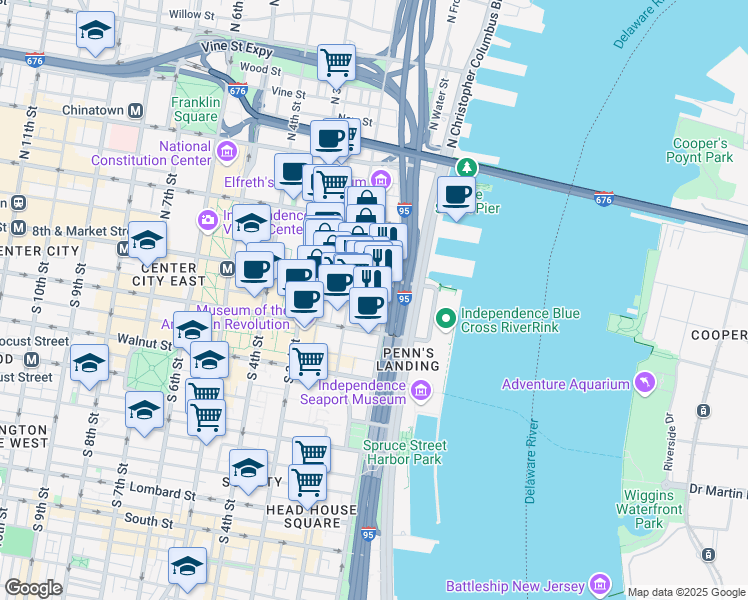 map of restaurants, bars, coffee shops, grocery stores, and more near 4 South Front Street in Philadelphia