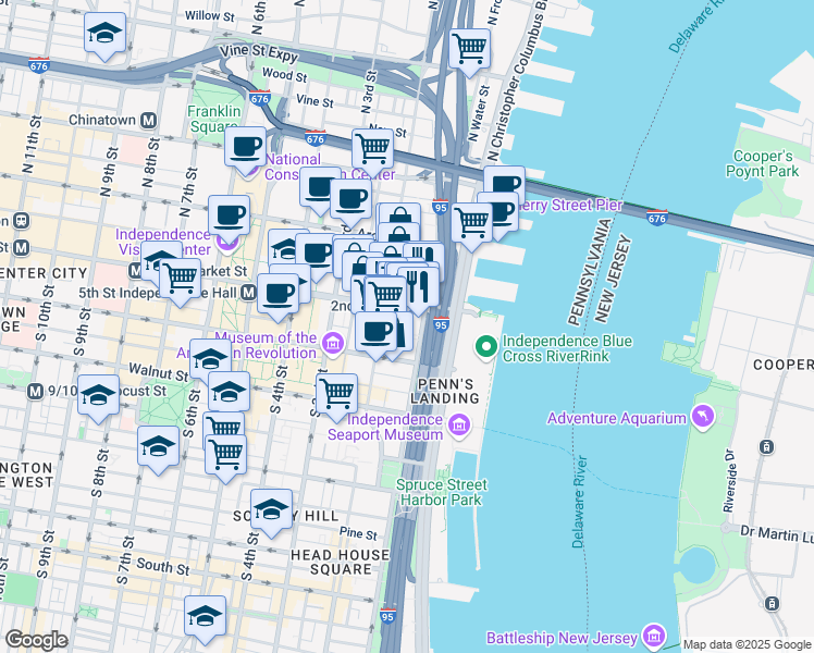 map of restaurants, bars, coffee shops, grocery stores, and more near 4 South Front Street in Philadelphia