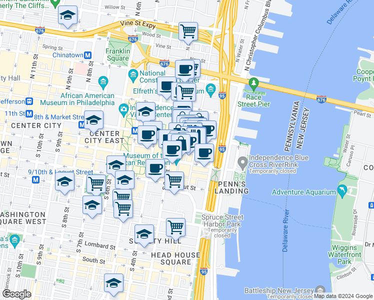 map of restaurants, bars, coffee shops, grocery stores, and more near in Philadelphia