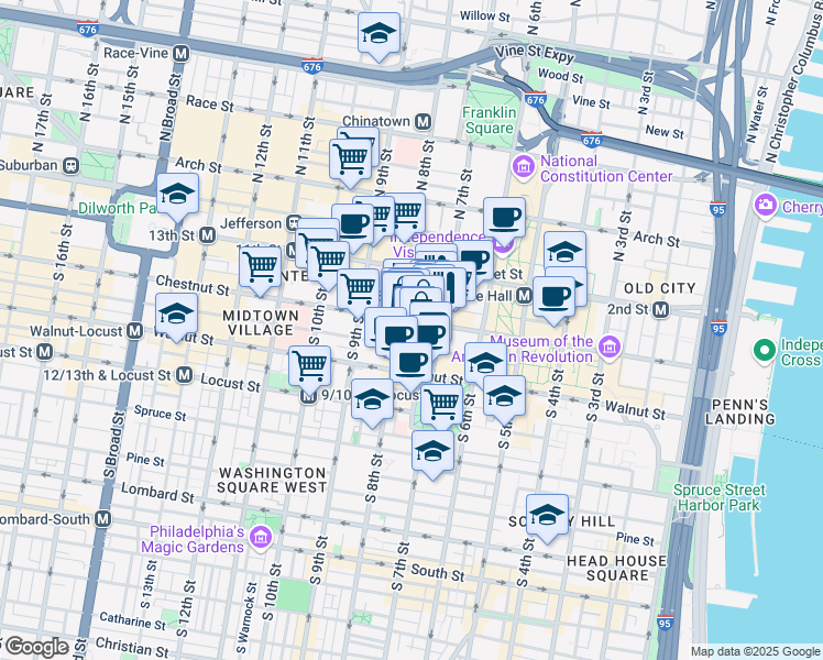 map of restaurants, bars, coffee shops, grocery stores, and more near 729 Sansom Street in Philadelphia