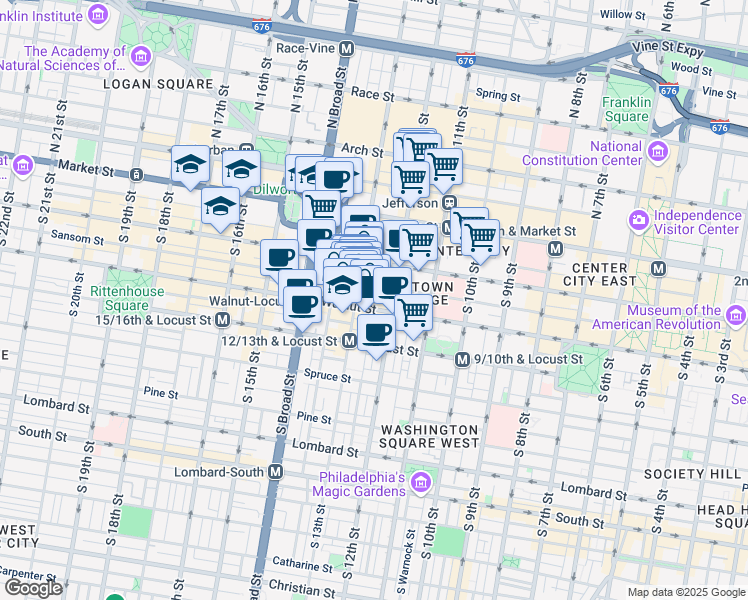 map of restaurants, bars, coffee shops, grocery stores, and more near 1213 Walnut Street in Philadelphia