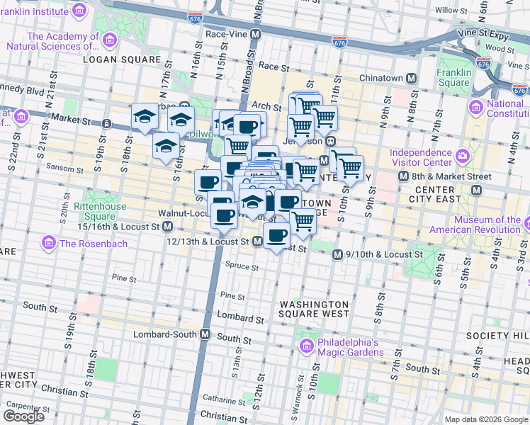 map of restaurants, bars, coffee shops, grocery stores, and more near 1213 Walnut Street in Philadelphia