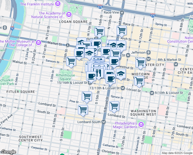 map of restaurants, bars, coffee shops, grocery stores, and more near 1508 Walnut Street in Philadelphia