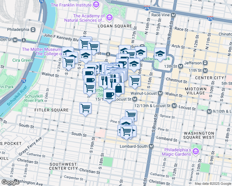 map of restaurants, bars, coffee shops, grocery stores, and more near 229 Chancellor Street in Philadelphia